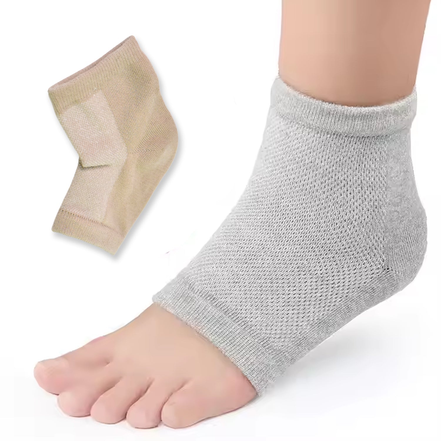 A person applying heel socks for intense foot care.