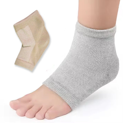 A person applying heel socks for intense foot care.