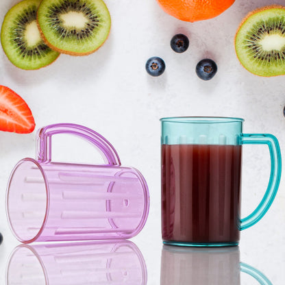 Single unbreakable clear plastic mug with a sturdy handle, isolated on a white background.