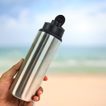 Detailed view of the robust construction and finish of the Own Hydrate steel water bottle.
