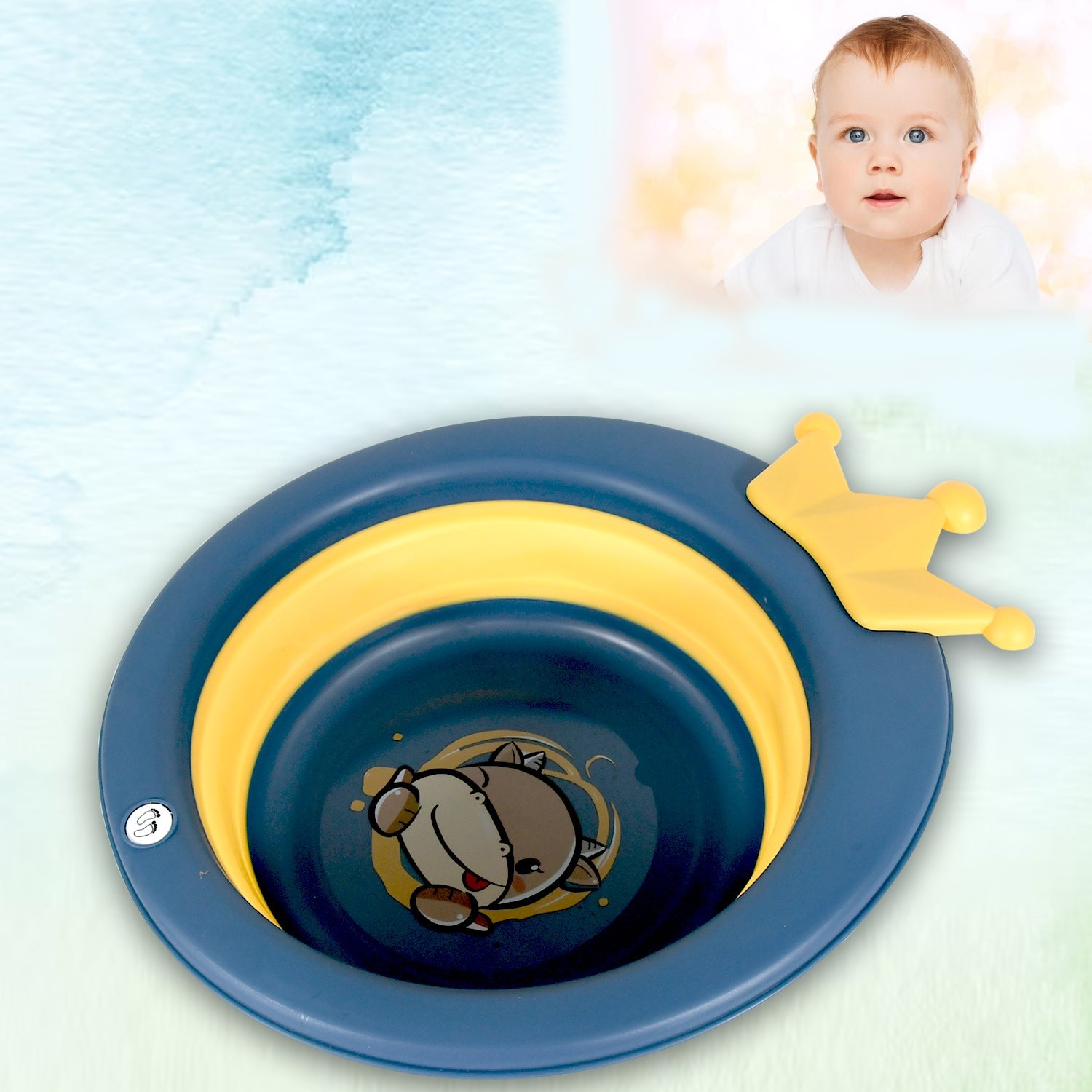 The portable baby wash basin shown in its folded state for easy transport.