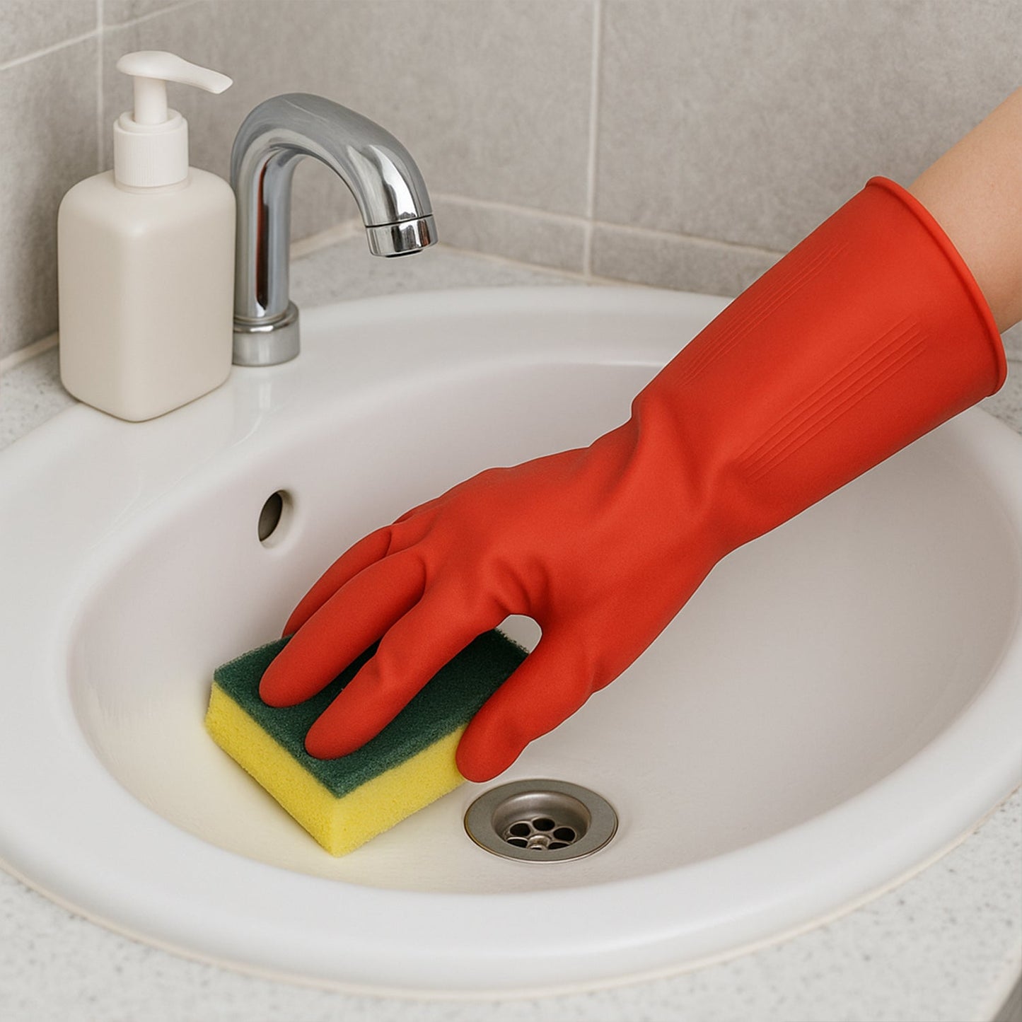 Close-up of textured fingers on rubber cleaning gloves
