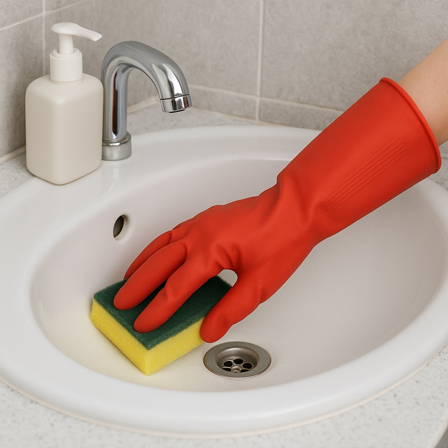 Close-up of textured fingers on rubber cleaning gloves