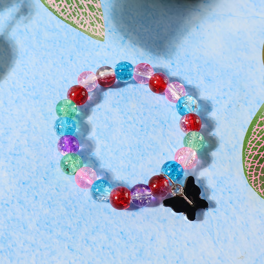 Vibrant multicolor crackle-bead stretch bracelet with butterfly charm