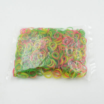 Close-up of 0.75 inch multicolor elastic rubber bands for versatile office and school use.