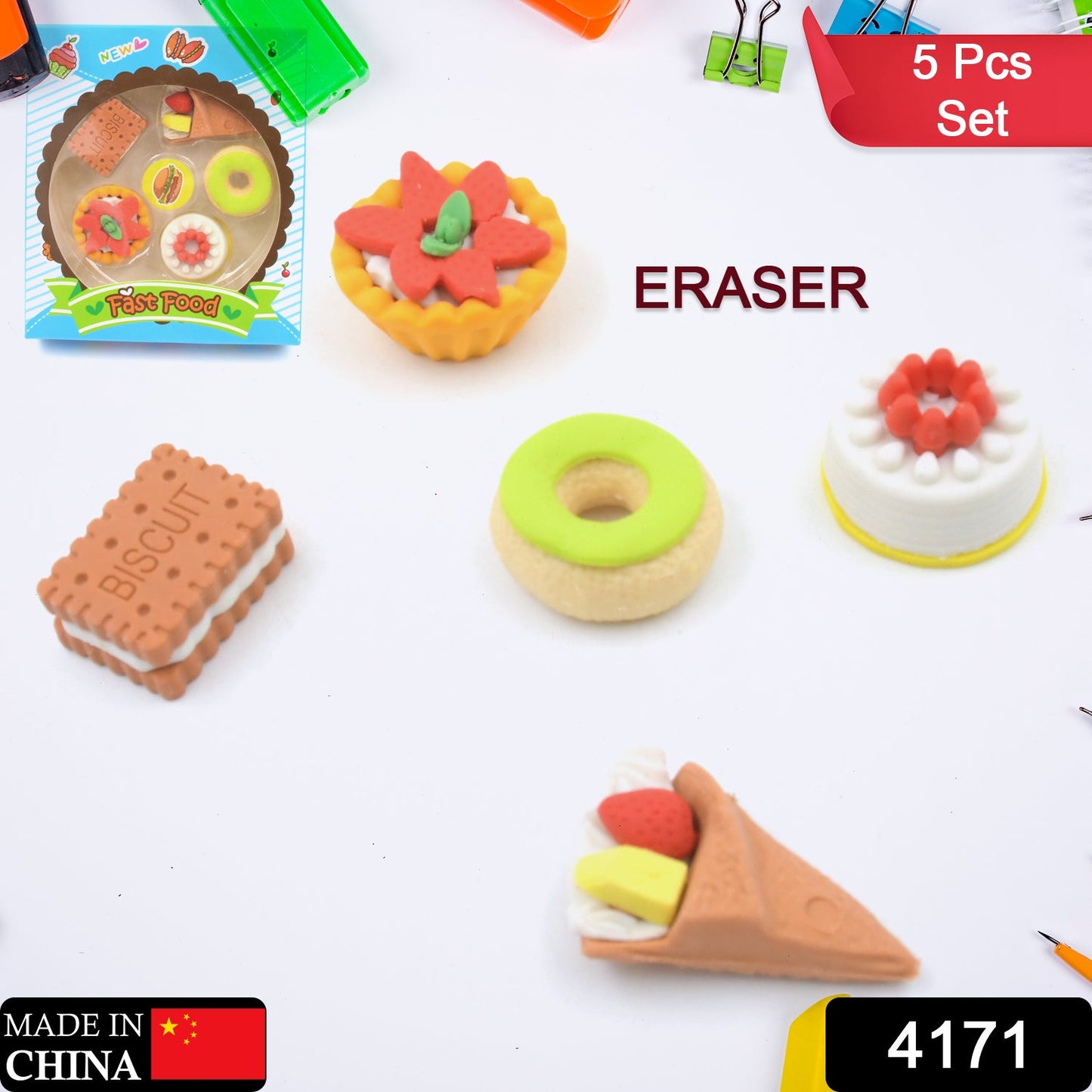 Close-up of cute 3D fast food erasers showcasing intricate details.