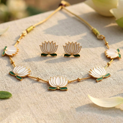 Lightweight white lotus necklace set for ethnic wear