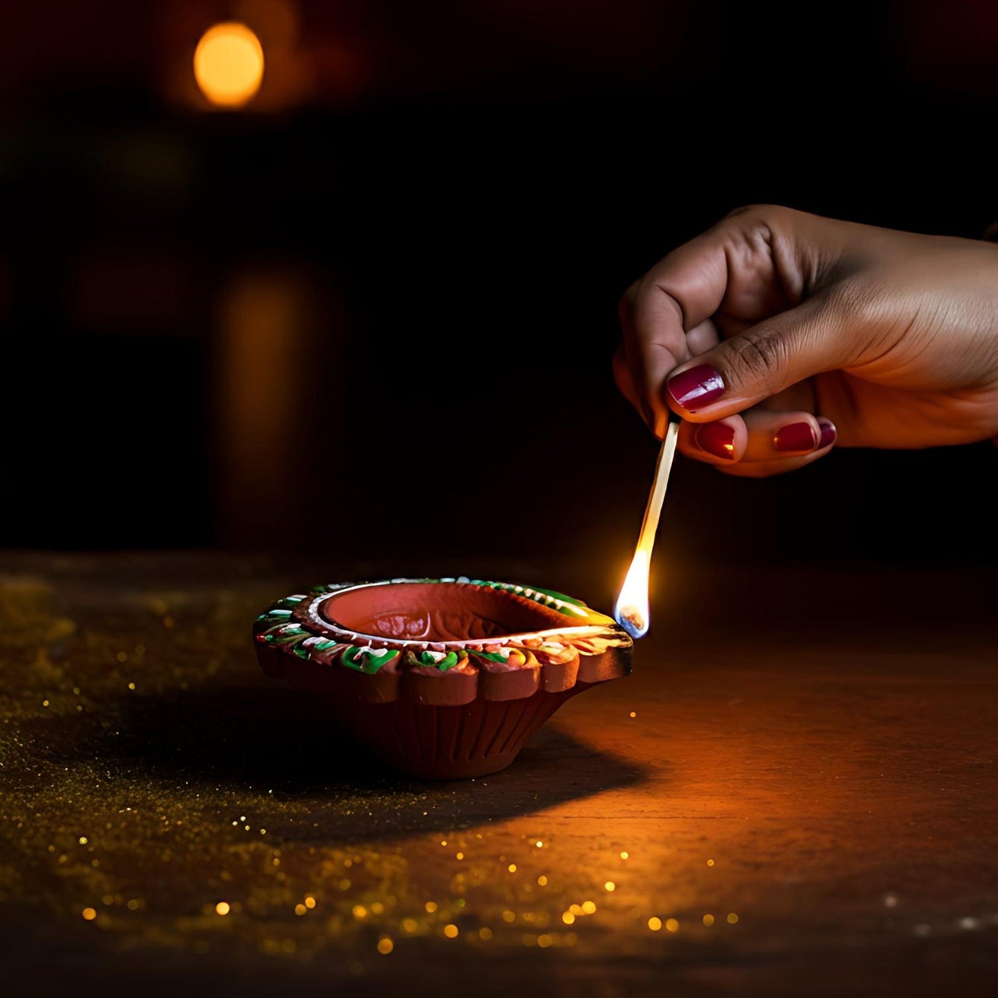 Close-up of a beautifully hand-painted Ganesha clay diya, radiating spiritual warmth.