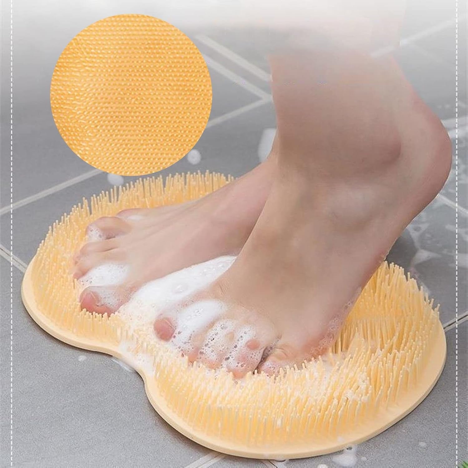 Yellow silicone exfoliating foot scrubber mat with anti-slip suction cups