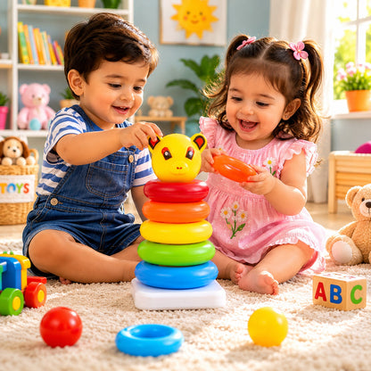 A five-piece jumbo stacking rings toy arranged by size, teaching order and sequence.