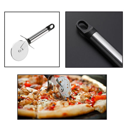 Stainless Steel Pizza Cutter demonstrating a clean, precise cut on a pizza.