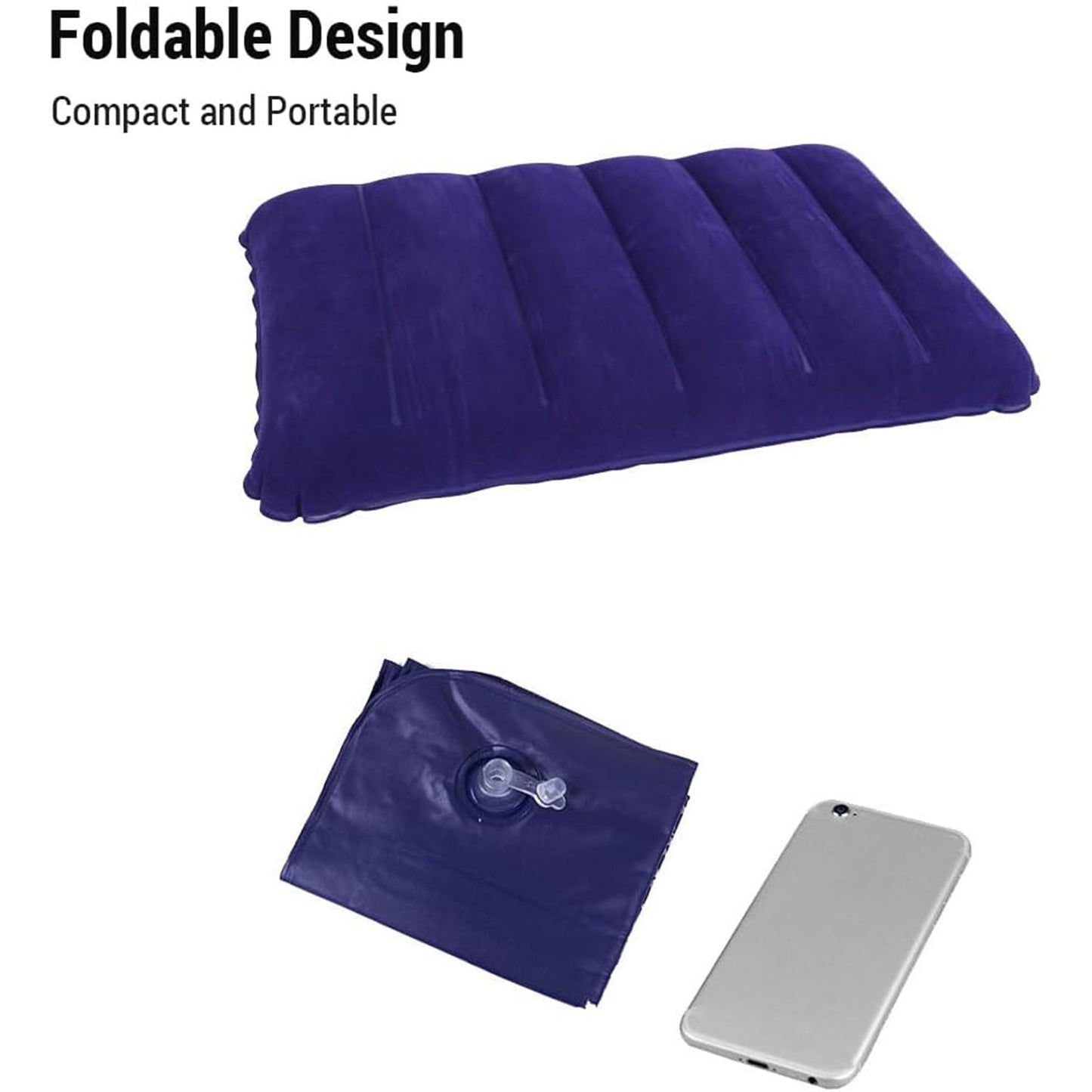 Diagram illustrating the easy inflation and deflation of the velvet air pillow.