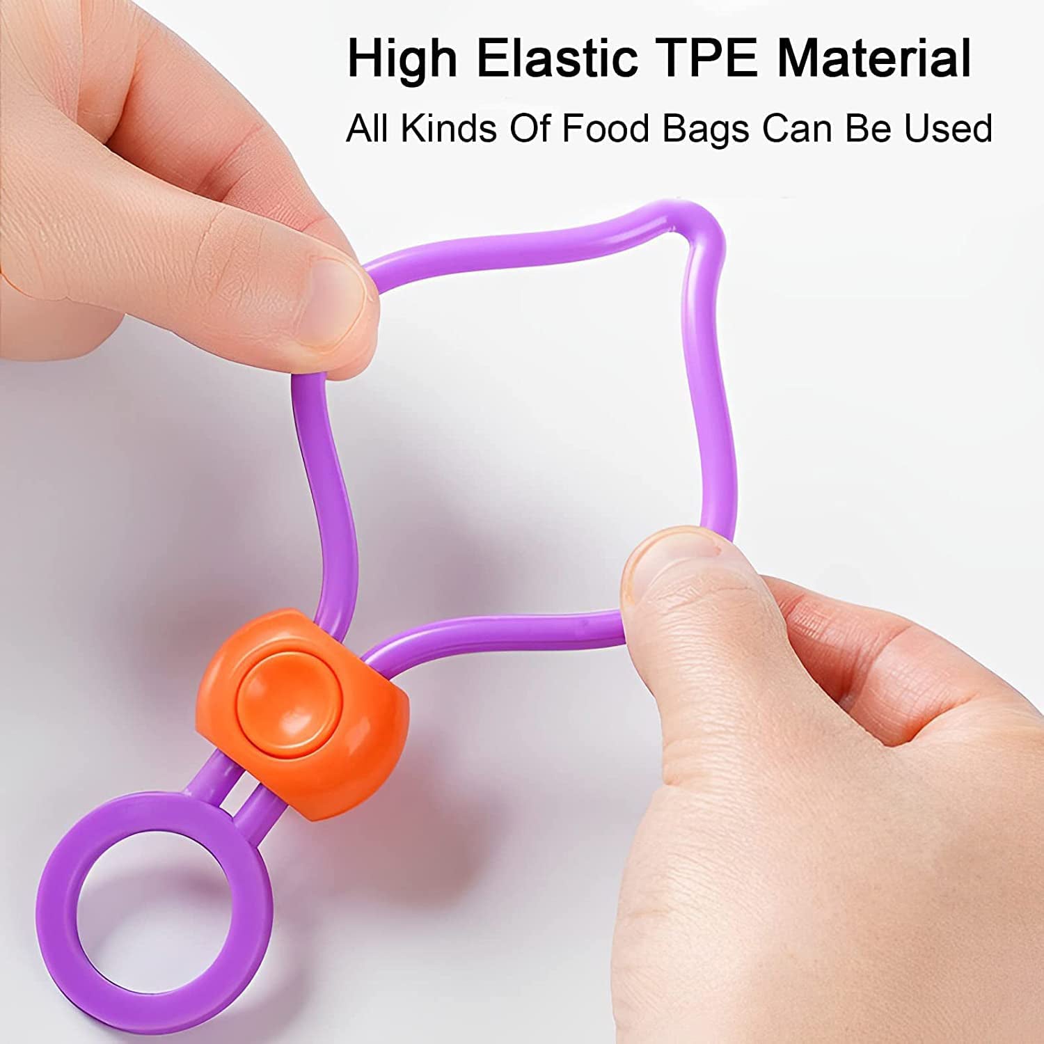 Elastic button mechanism on the reusable Food Bag Sealing Clip for adjustable sealing.
