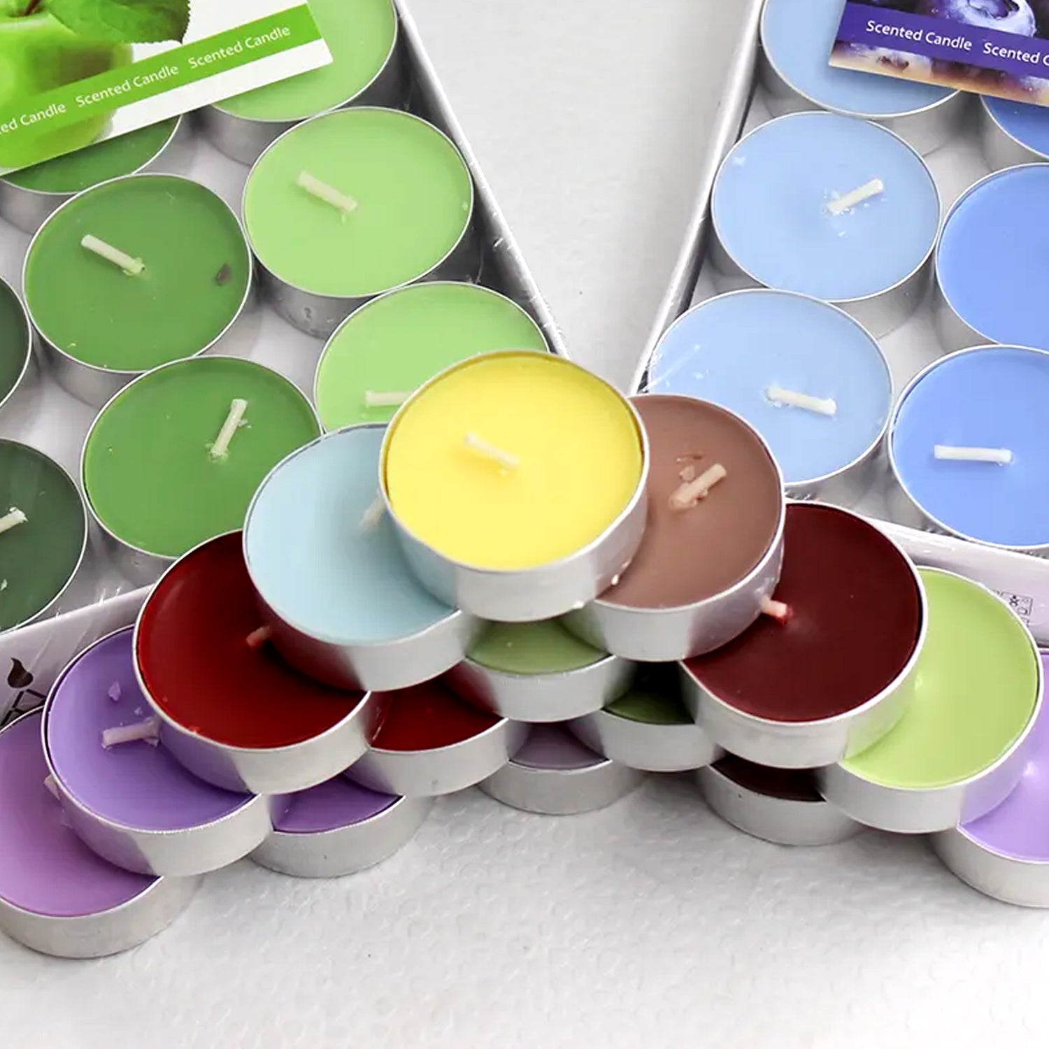 Overview of a 50-piece decorative tealight candle set for home decor.
