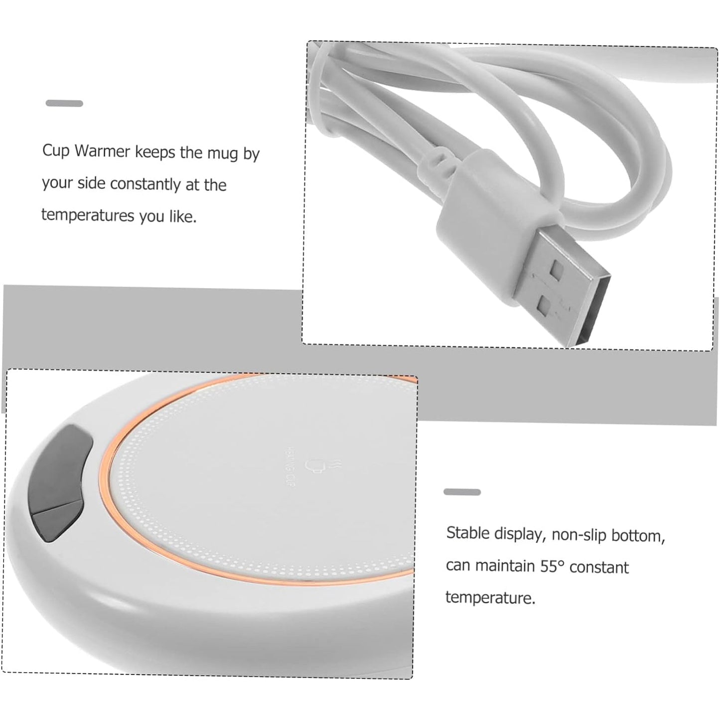 USB mug warmer maintaining the temperature of a hot drink in a modern workspace.