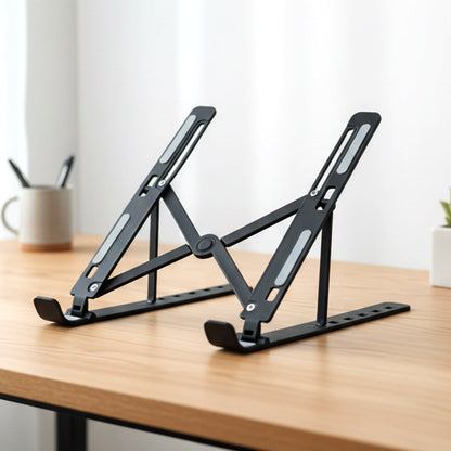 Ergonomic tablet holder supporting a tablet and an external keyboard for a complete workspace.