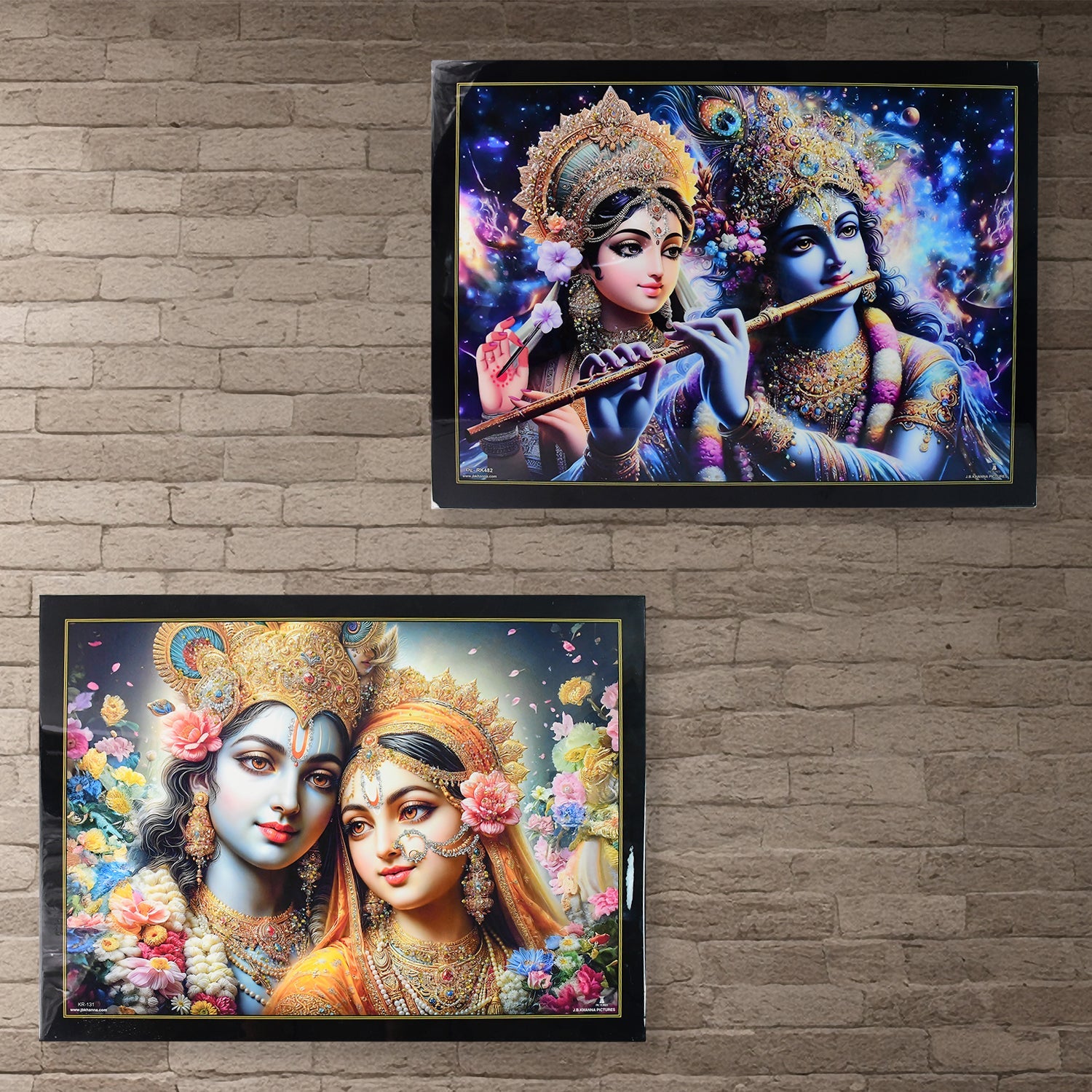 Side angle view of Krishna Radha spiritual wall decor in wooden frame