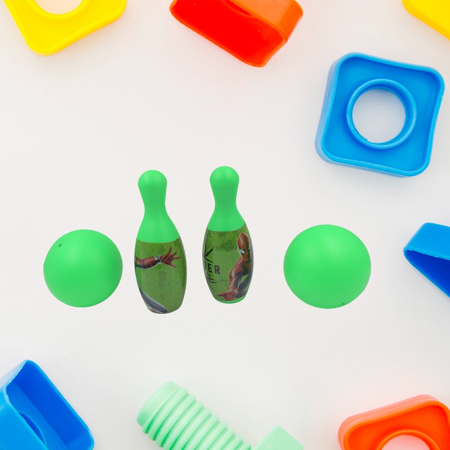 Overview of the complete kids bowling set components, including ten pins and two balls.