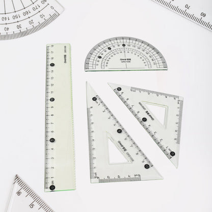 Transparent geometry kit with drafting ruler and triangle included