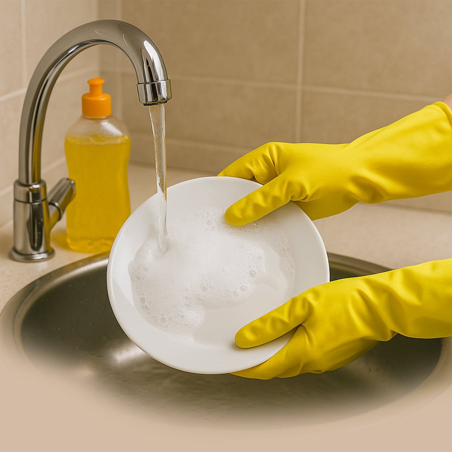 Long-cuff yellow rubber gloves providing extended wrist protection.