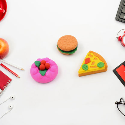 An overhead shot of the food-shaped eraser set, highlighting the variety of designs.
