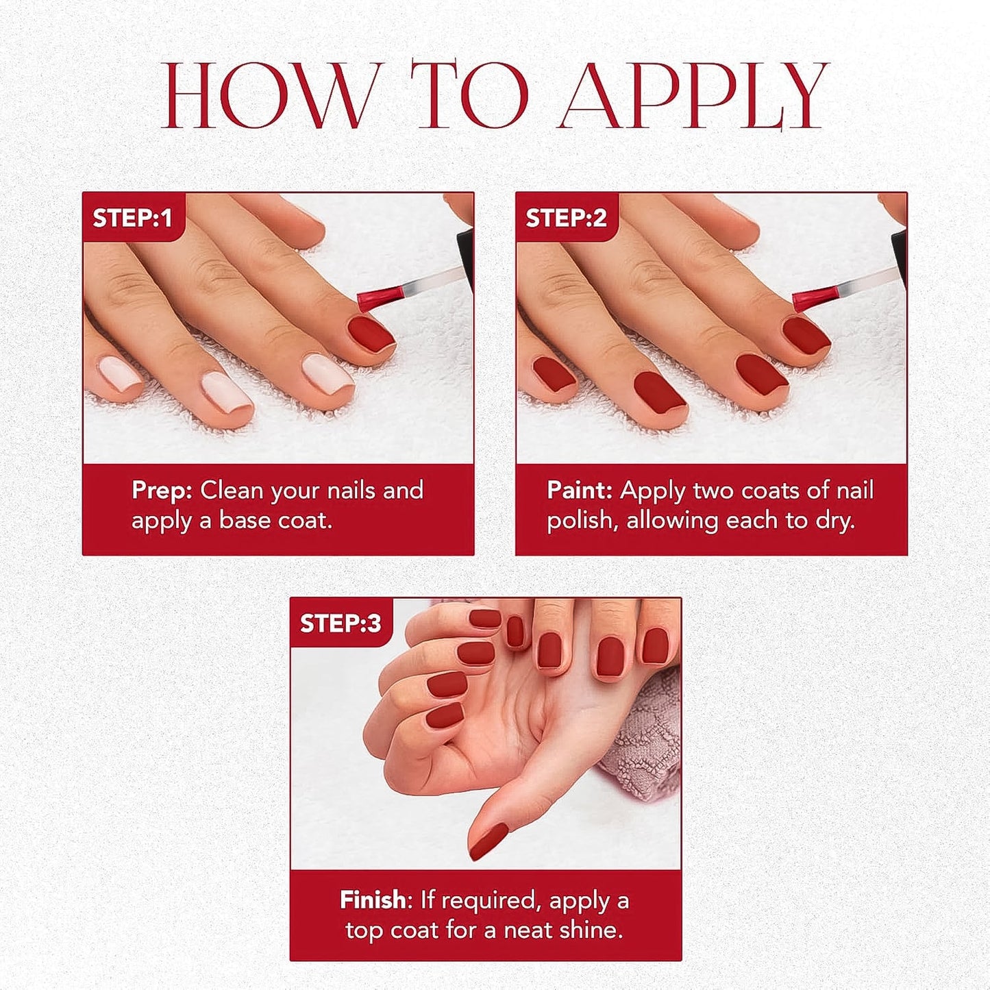 Close-up of a hand with perfectly painted red matte nails, long-lasting and chip-resistant.