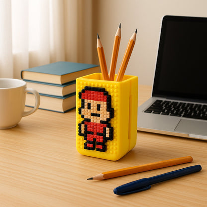 Functional DIY Pixel Art Pen Stand displaying a user-created pixel art design.