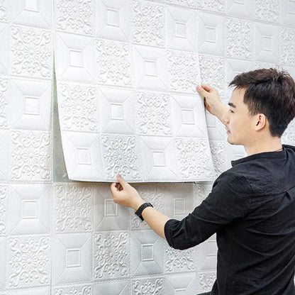 Self-adhesive 3D foam wallpaper panel in a stylish square design.