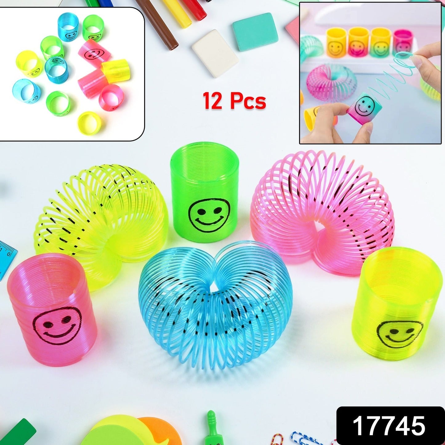 A child happily playing with a vibrant multicolor slinky spring toy.
