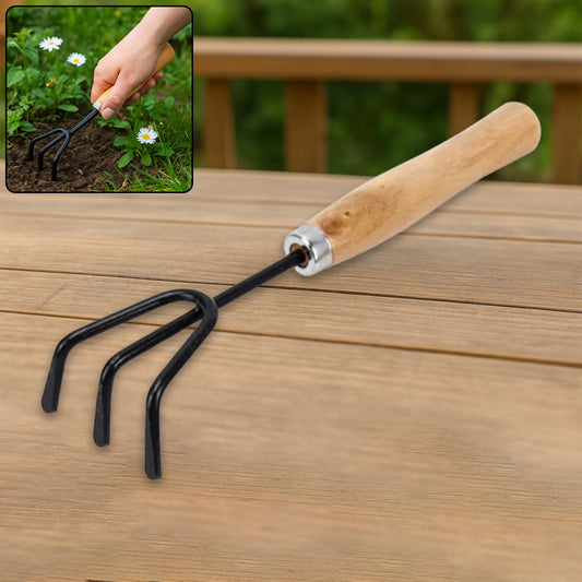 Durable black steel hand cultivator for efficient gardening tasks.