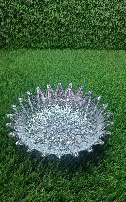 A single silver finish serving tray ready for use or gifting during Diwali or Navratri.
