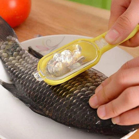 Plastic fish scale scraper with integrated grater and brush for kitchen use.