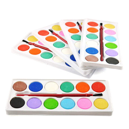 Watercolor painting set in its packaging, highlighting the 12 shades and brush for aspiring artists.