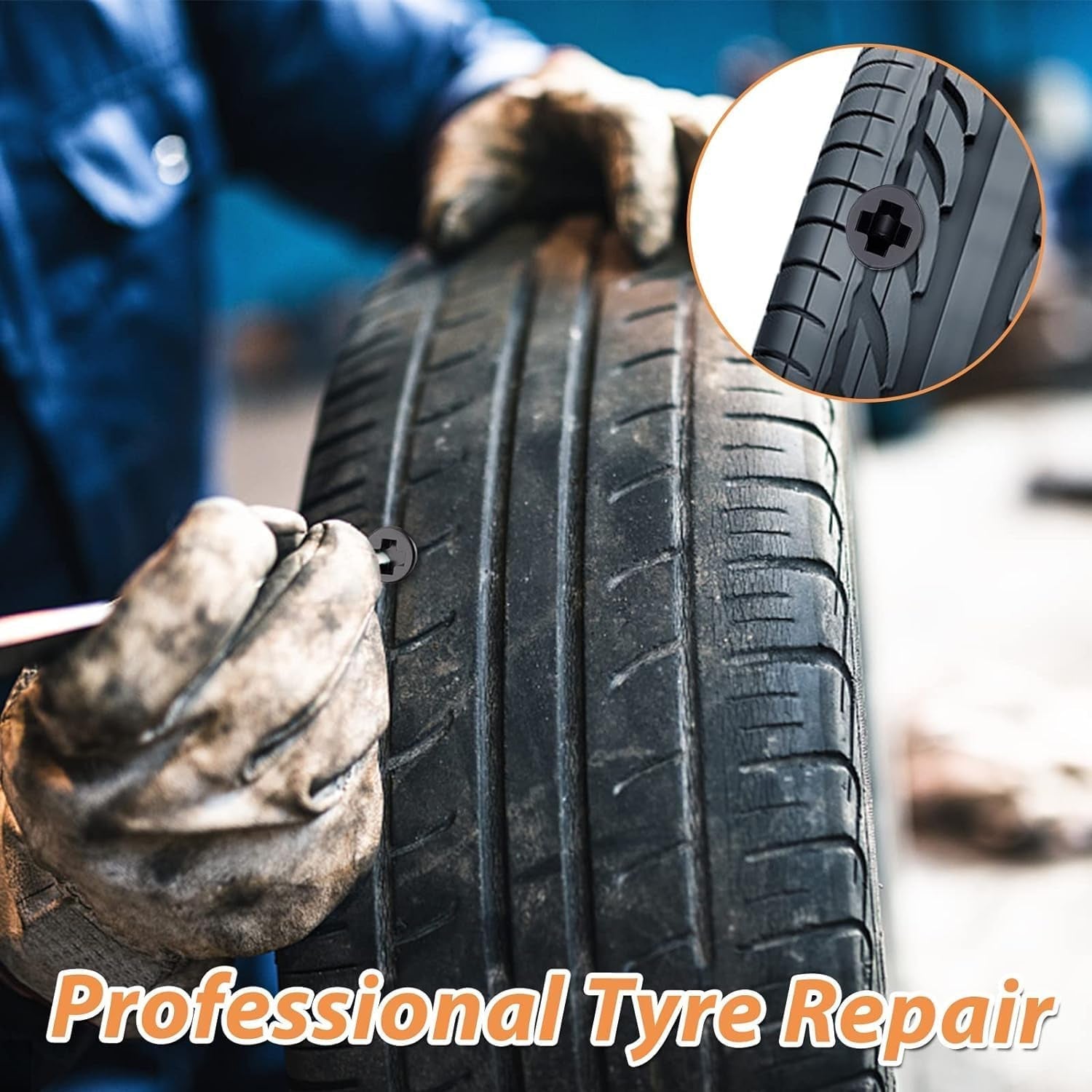 Hand holding a tire repair screw next to a damaged tire, ready for insertion