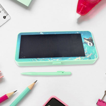 Blue Kids LCD Writing Tablet from a slight angle, showcasing its slim design.