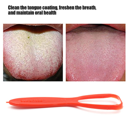 Person demonstrating the use of the plastic tongue cleaner for maintaining fresh breath.