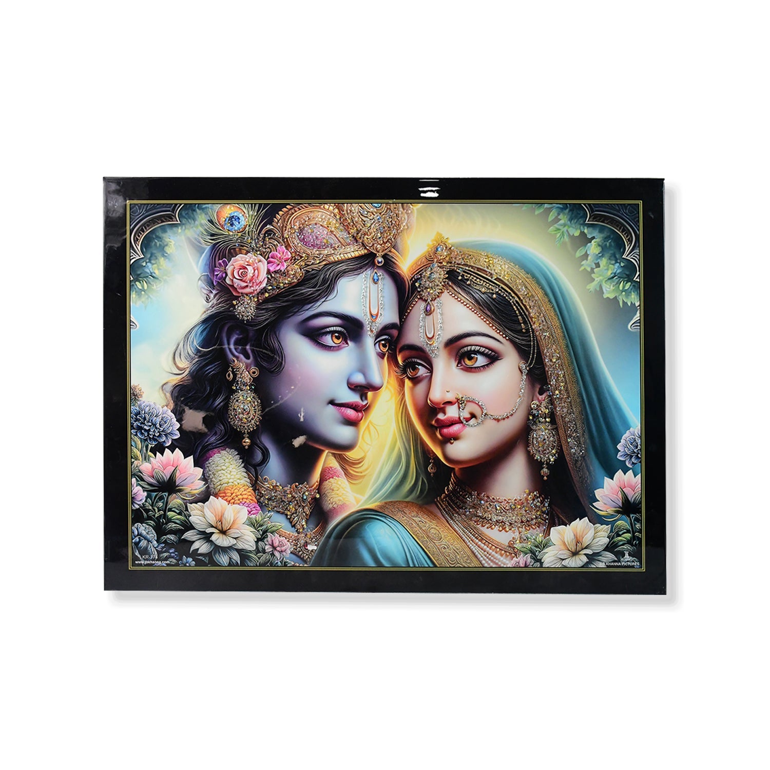 Detailed Lord Krishna and Radha painting in wooden frame hanging on wall