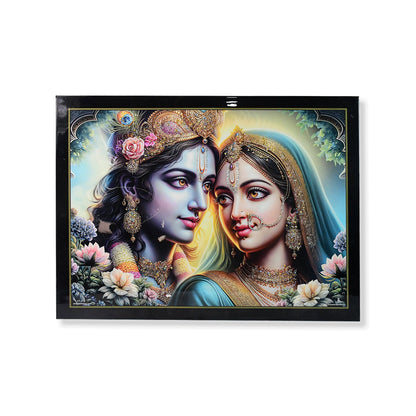 Detailed Lord Krishna and Radha painting in wooden frame hanging on wall