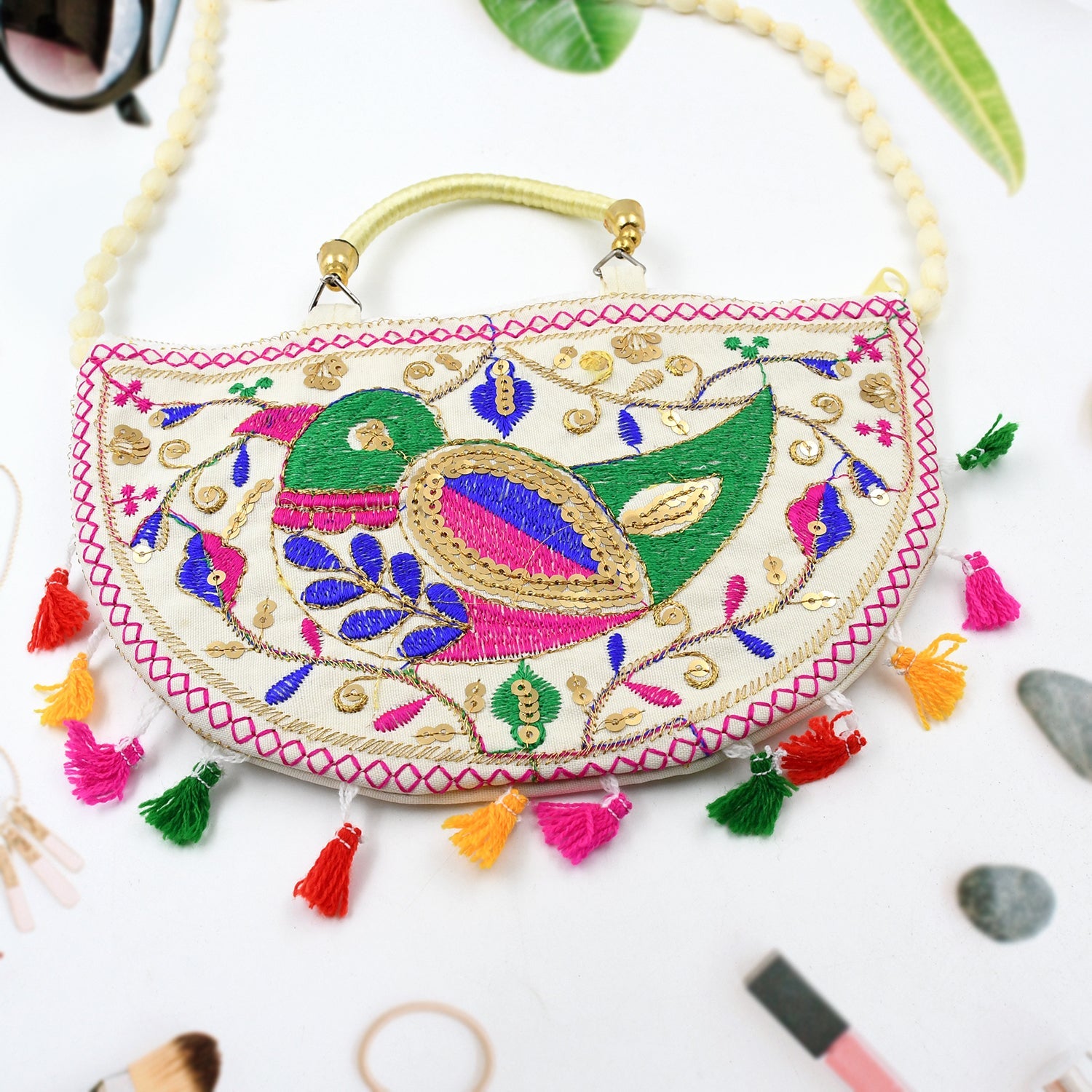 Stylish Jaipuri handbag featuring a unique floral embroidery design and sturdy strap.