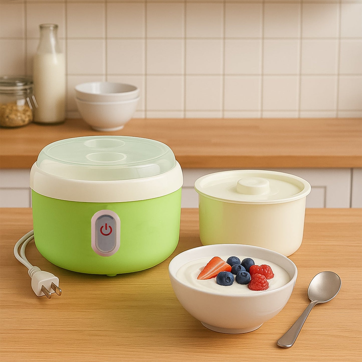 Freshly made yogurt being served from the automatic curd maker.