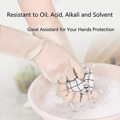 Flexible PVC gloves worn for pet grooming tasks, protecting hands.