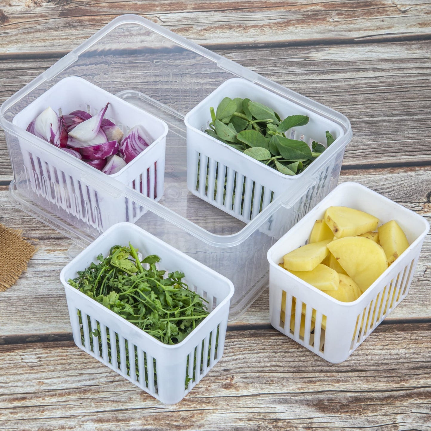 Airtight kitchen fridge organizer box with a secure lid for prolonged freshness.