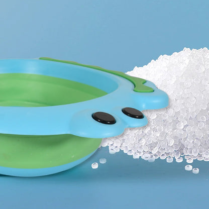 The foldable baby wash basin shown from an angle, highlighting its depth when open.