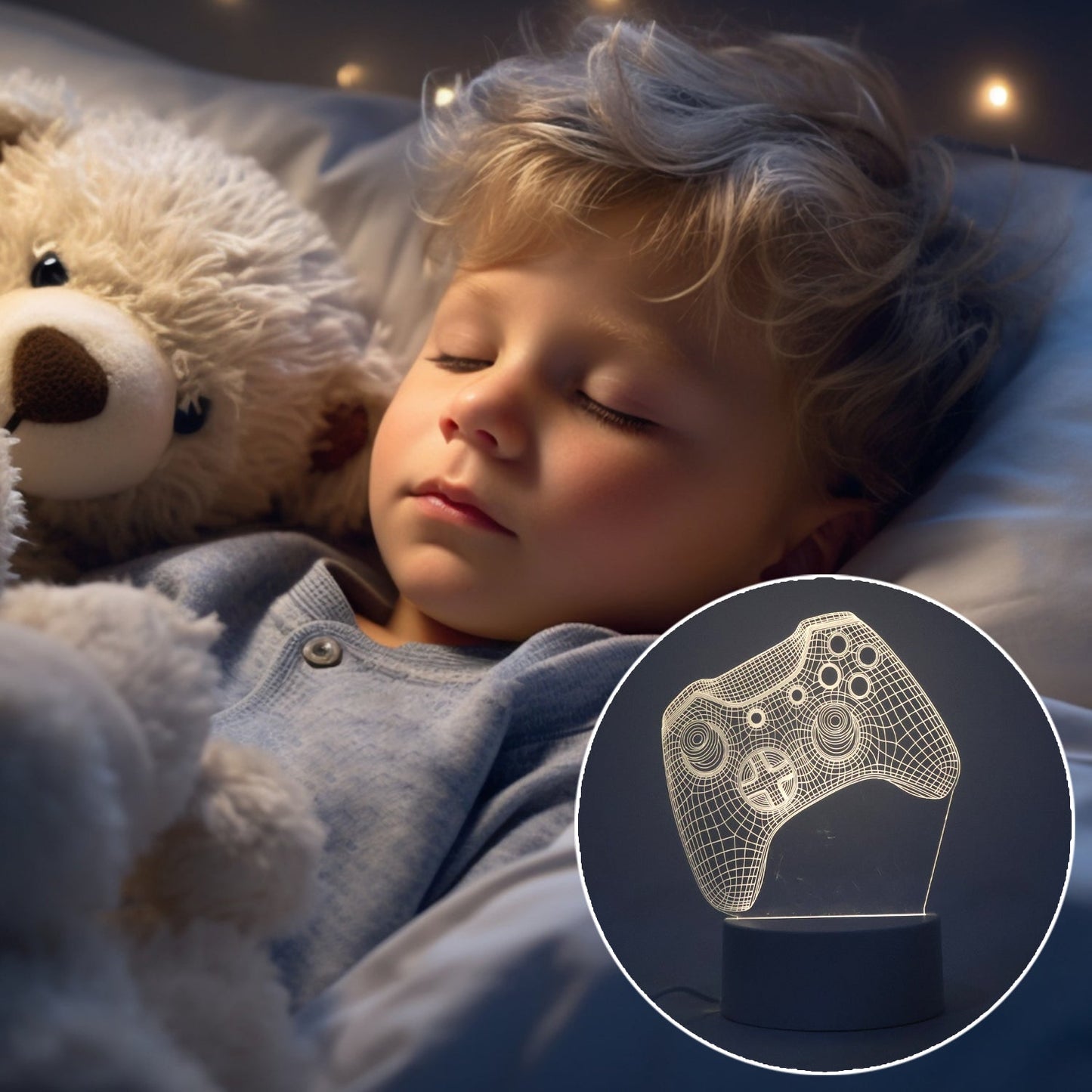Close-up of energy-efficient LED gaming controller night lamp with acrylic and ABS base