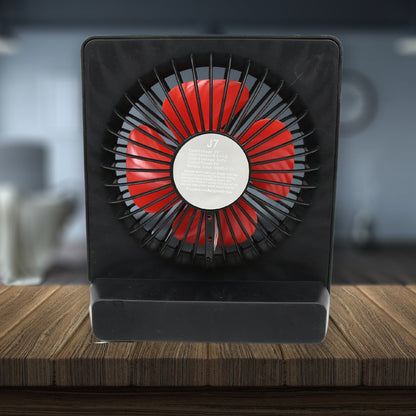Front view of the VoltDesk portable desk fan, highlighting its protective grille and clean design.