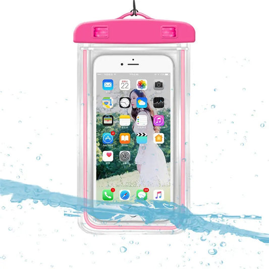 Clear waterproof mobile pouch showcasing a phone, ideal for beach trips and monsoon season.