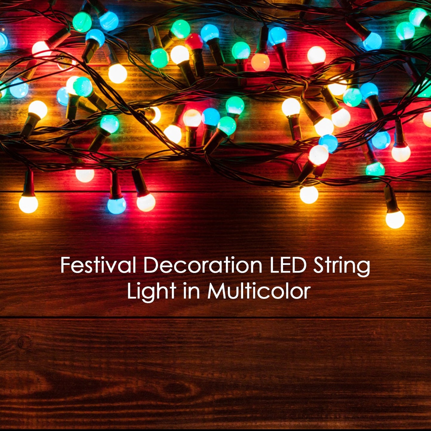 Close-up of multi-color LED string lights creating a warm glow for a wedding.