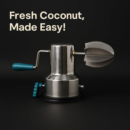 Manual coconut grater with serrated stainless steel blades and suction base