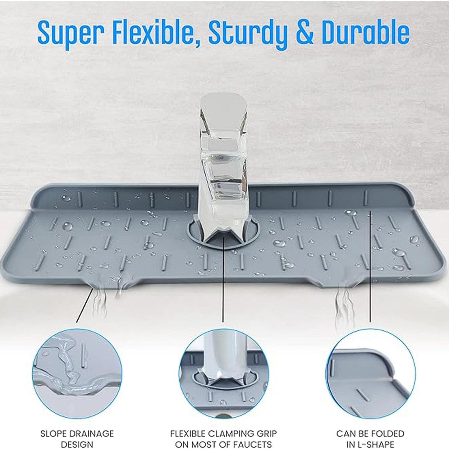 The silicone faucet mat positioned under a kitchen faucet, illustrating its water-channeling design.