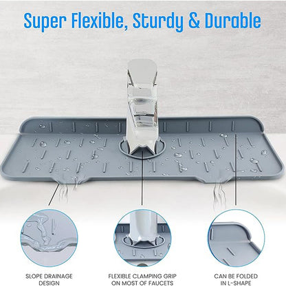 The silicone faucet mat positioned under a kitchen faucet, illustrating its water-channeling design.